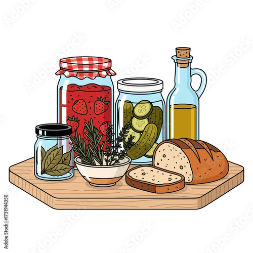 Assortment of homemade kitchen essentials featuring fresh bread, sweet jam, pickled vegetables, and fragrant herbs