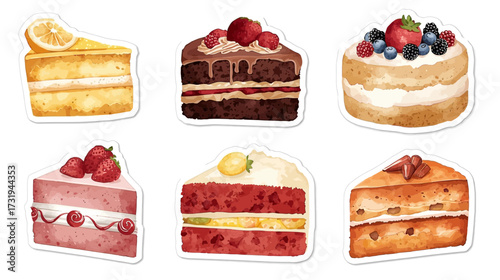 Watercolor illustration of six different cake slices, each with unique toppings and fillings, arranged in two rows.