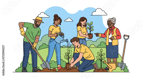Diverse group of volunteers planting trees in a park, fostering community and environmentalism