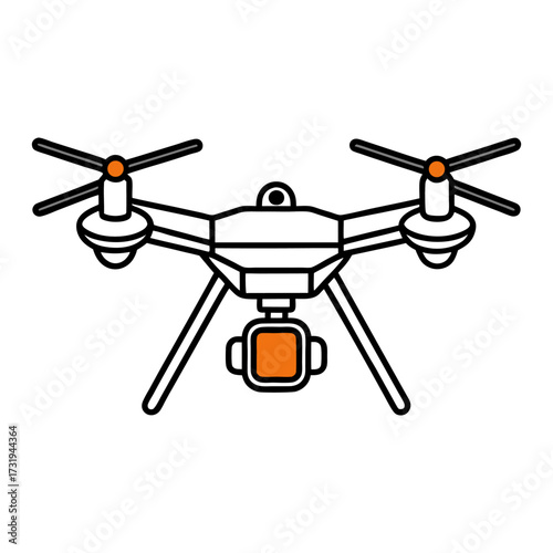 A  rendered image of a drone is centrally positioned, slightly angled upwards, on a pale blue background. The drone is predominantly orange, with the body featuring a light-orange striped pattern, the