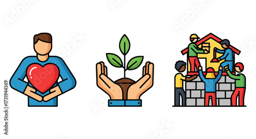 Community, care, and growth Icons representing human support, nature, and collaboration