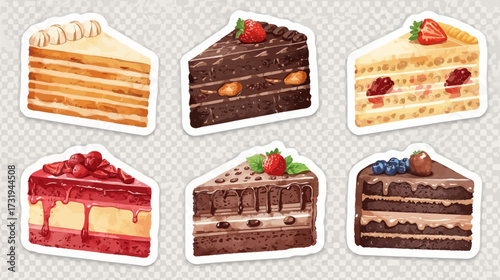 Illustration of six different slices of cake with various toppings and flavors.