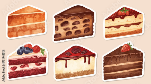 Illustration of six different slices of cake with various toppings and flavors on a beige background.