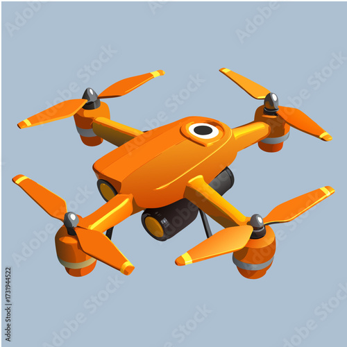 A  rendered image of a drone is centrally positioned, slightly angled upwards, on a pale blue background. The drone is predominantly orange, with the body featuring a light-orange striped pattern, the