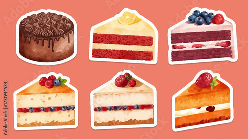 Illustration of six different cake slices and a whole chocolate cake on a pink background.