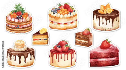 Collection of watercolor cake illustrations, various flavors and decorations.