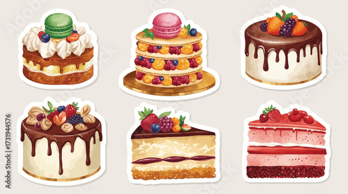 A collection of six watercolor cake stickers, each with unique toppings and designs, on a light background.