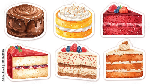A collection of six watercolor cake illustrations, each a different flavor and style, arranged in two rows.