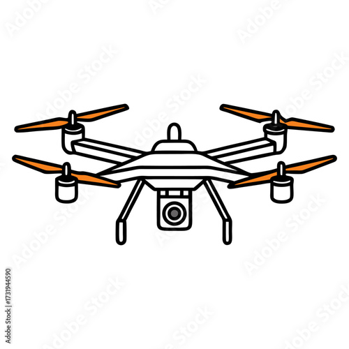 A  rendered image of a drone is centrally positioned, slightly angled upwards, on a pale blue background. The drone is predominantly orange, with the body featuring a light-orange striped pattern, the