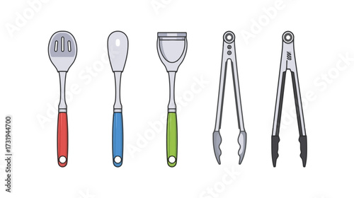 Illustration of kitchen utensils: slotted spoon, spoon, spatula, and tongs.