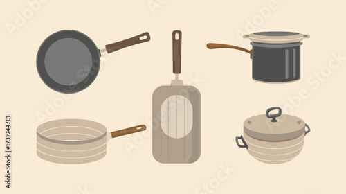 Illustration of various pots and pans with handles on a beige background.