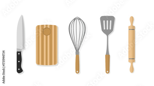 Kitchen utensils: knife, cutting board, whisk, spatula, and rolling pin.