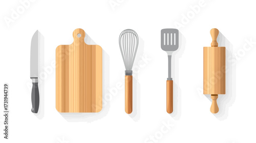 Kitchen utensils: knife, cutting board, whisk, spatula, and rolling pin.