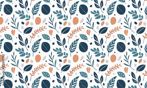 Elegant Hand Drawn Botanical Seamless Pattern, Autumn Foliage with Blue and Orange Leaves