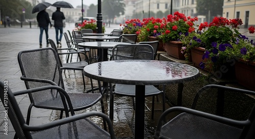 Rainy Day Outdoor Cafe Scene.