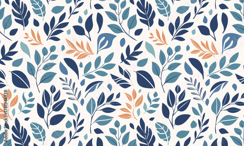 Elegant Hand Drawn Botanical Seamless Pattern, Autumn Foliage with Blue and Orange Leaves
