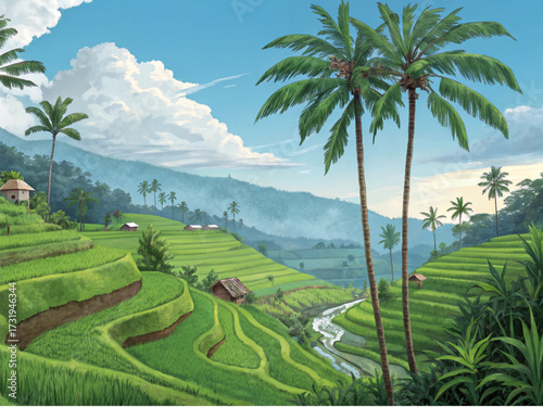 Tropical Rice Terraces Landscape with Palm Trees and Flowing Stream