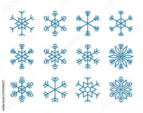 set of abstract blue line snowflakes icons, snowflake snow symbol collection for new year, Christmas, winter design cards, poster, banner, pattern, advertisement , snowflakes vector icon template