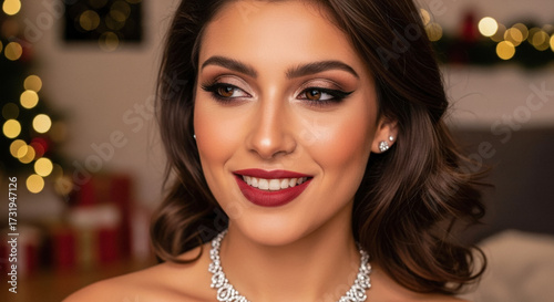 Beautiful woman with festive makeup smiling warmly during the holidays