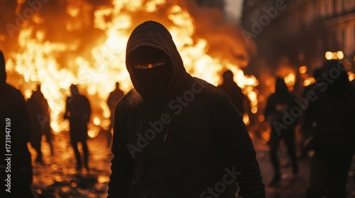 Masked protestor standing before burning barricade during riot