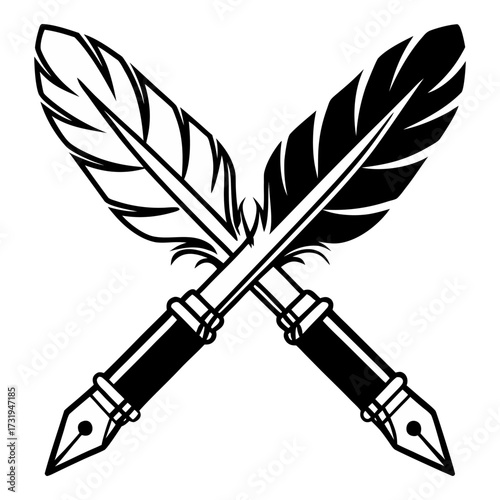 Crossed Feather Quill Pens Vector – Vintage Writing Ink Pen Logo Icon.
