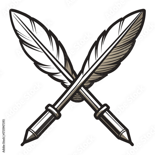 Crossed Feather Quill Pens Vector – Vintage Writing Ink Pen Logo Icon.