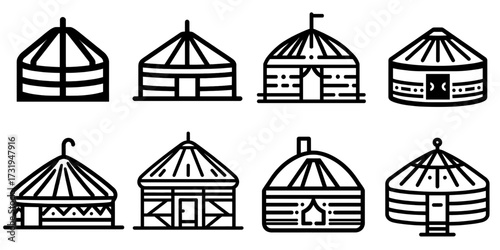 Yurt icon set featuring various designs on a transparent background