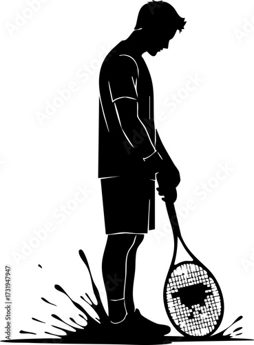 Defeated tennis player with broken racket, a moment of frustration or loss in sport, conveying emotion and the competitive nature of the game