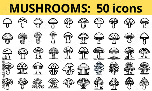 Mushrooms icon set featuring 50 different designs on a transparent background