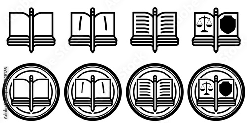 Set of icons representing the idea of justice and law in a minimalist style on a transparent background