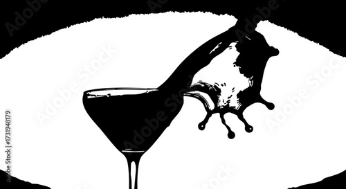 Dramatic splash of delicious drink from a martini glass, perfect for bar promotions, elegant cocktail hour invites, or stylish party announcements