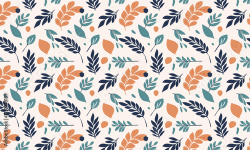 Elegant Hand Drawn Botanical Seamless Pattern, Autumn Foliage with Blue and Orange Leaves