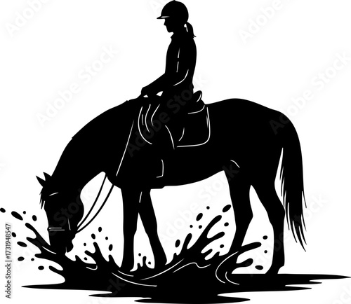 Graceful equestrian silhouette drinks from water, capturing serene moment of connection between rider and noble steed, perfect for equestrian brands.