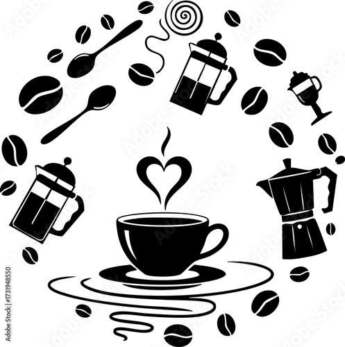 Aromatic coffee celebration with steaming cup, French press, moka pot, beans, and spoons creating a warm, inviting morning ritual.