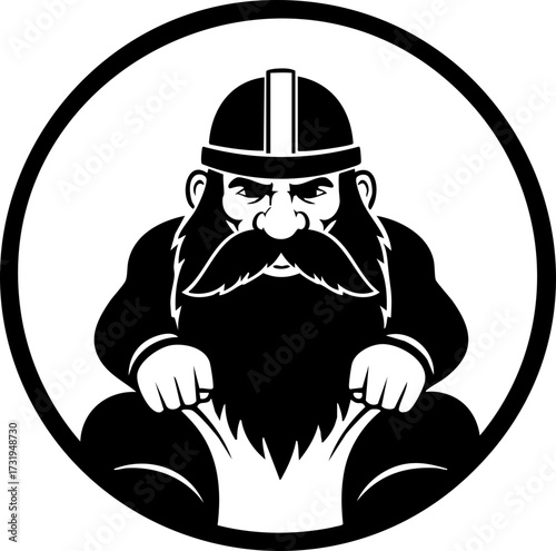 Rugged bearded dwarf warrior with determined expression and helmet, ready for battle, powerful fantasy character emblem
