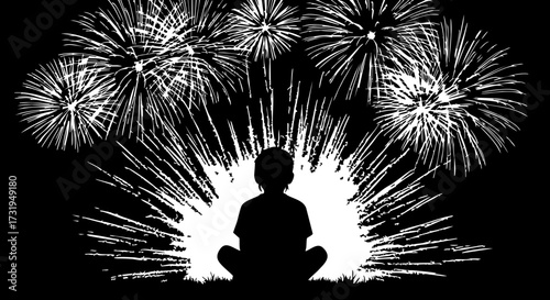 Child silhouette watching fireworks display radiates joy and wonder, creating a magical, memorable celebration for holidays or special occasions