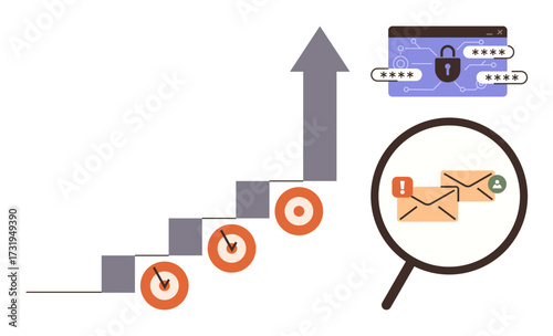 Rising arrow over checked targets, magnifying glass on alert emails, secure login box. Ideal for cybersecurity, risk assessment, online safety, fraud prevention, productivity, strategy and email