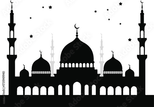Majestic mosque silhouette with minarets domes and crescent moon sky detail vector