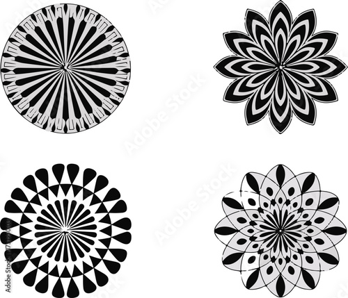 Set of four ornamental floral mandala designs in black and white geometric patterns vector