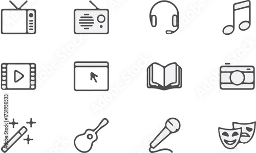 Collection of entertainment and media icons including television radio headphones music symbols and more vector