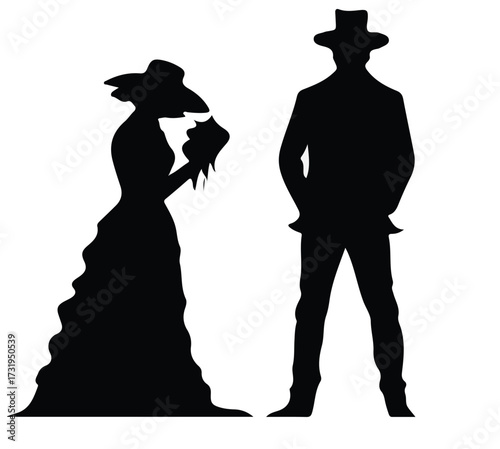 Wild west silhouette couple bride and groom wedding romantic western duo vector