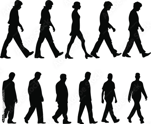 Diverse group of people silhouettes walking in profile and frontal views vector