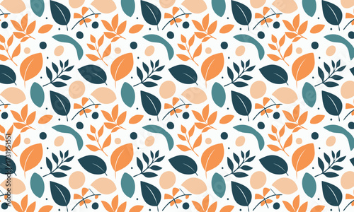 Elegant Folk Art Autumn Floral Seamless Pattern, Whimsical Hand Drawn Botanical Background