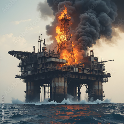 Oil Rig On Fire. Worst Case Scenario: Business Boom Burnout in Offshore Operation