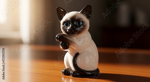 Cute Siamese Kitten Figurine on Wooden Table.