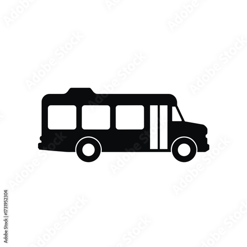 Black school bus, a simple silhouette on white background, defines a typical school bus. This vehicle depicts transportation, travel and commute.