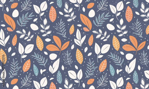Sophisticated Autumn Foliage Seamless Pattern, Elegant Hand Drawn Botanical Illustration on a Dark Blue Background
