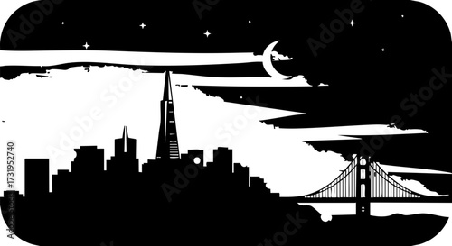 Stunning silhouette of San Francisco skyline at night with moon and stars, a modern graphic perfect for travel, tourism, and city promotion projects