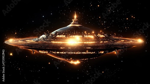 Giant alien spaceship or UFO hovering in a starry sky.