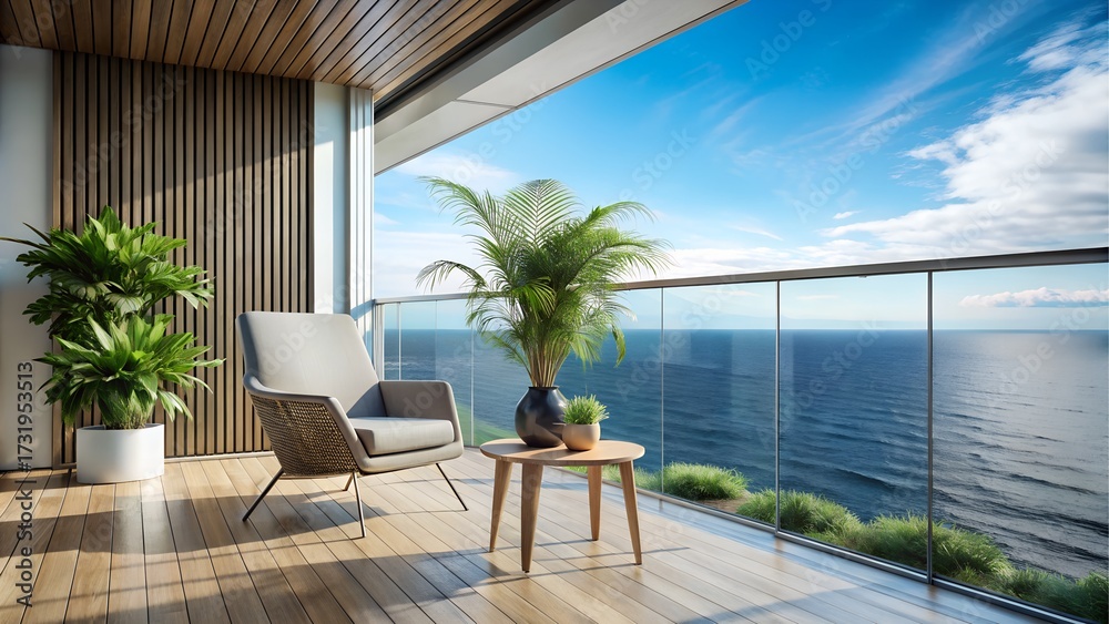 Fototapeta premium Balcony with chair and plants overlooking the sea